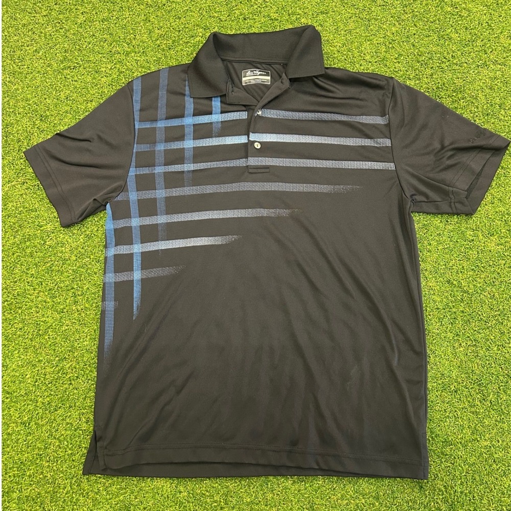 Ben Hogan Performance Mens Black Blue Grid Golf Polo Shirt Medium Short Sleeve
